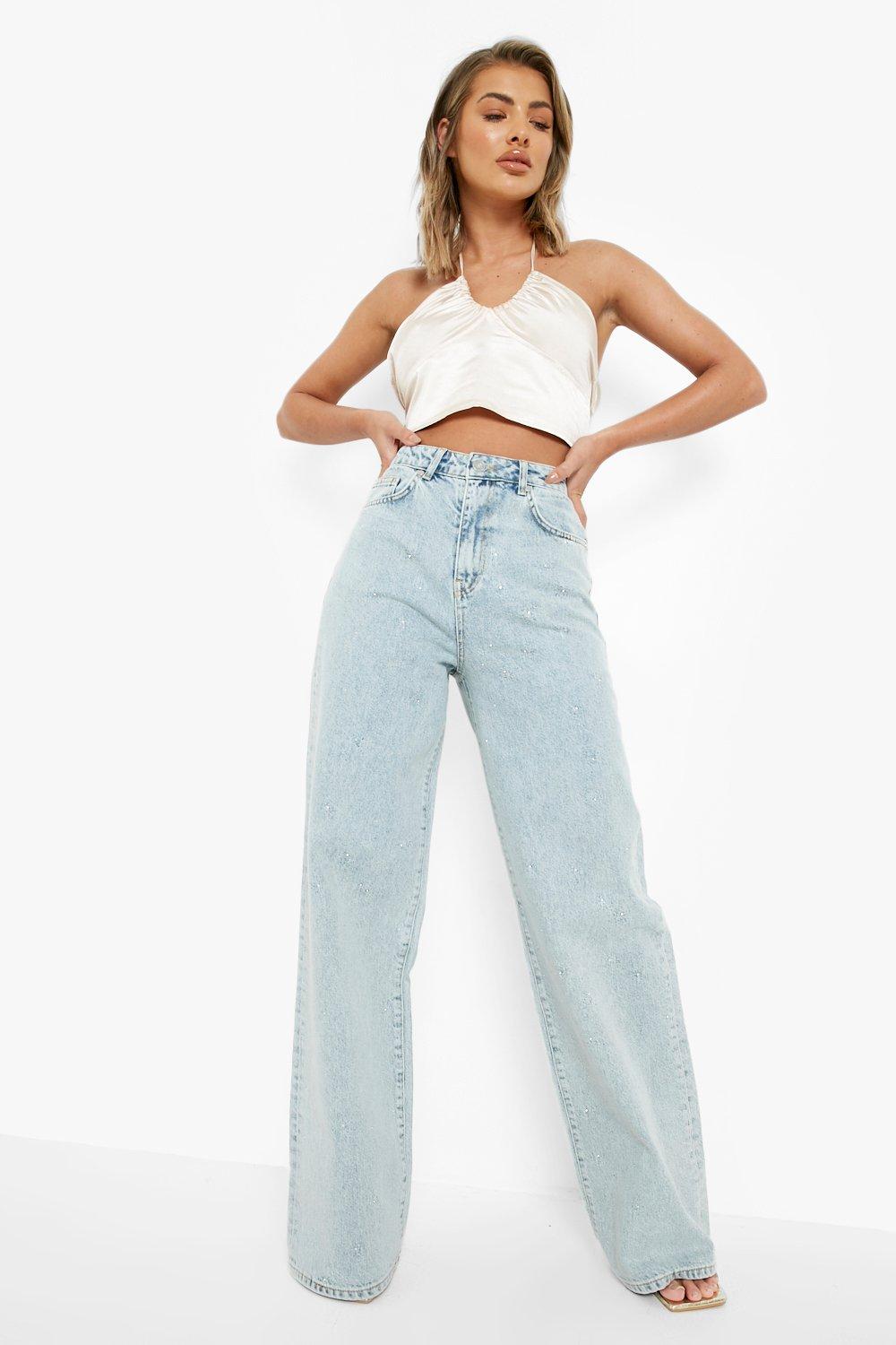 High Waisted All Over Rhinestone Wide Leg Jeans